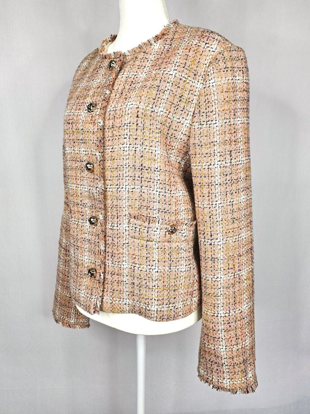 LOFT | Bouclé Tweed Plaid Fringe Jacket Blazer | Pink Gold | NWT Large